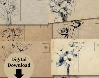 Vintage Floral Postcards, Junk Journal Ephemera (Digital Download)