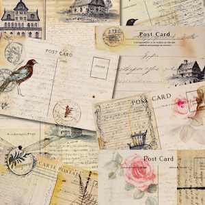 Vintage Post Card Ephemera, Printable Set of 16 Post Cards, Junk Journal Supplies, Digital Ephemera Download