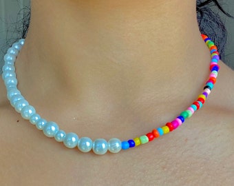 Beaded rainbow pearl necklace