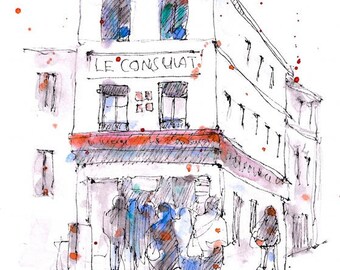 Watercolour Print - Cafe en Montmartre, Paris