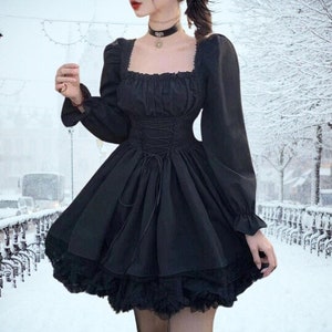 Women Lace Velvet Dress Short Puff Sleeve Retro Gothic Lolita Victorian  Mini