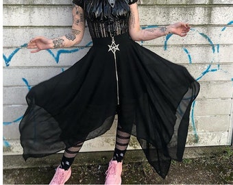 Black Skirt with Mesh Layer - Pentagram Zipper - Loose - Goth Punk - Darkness