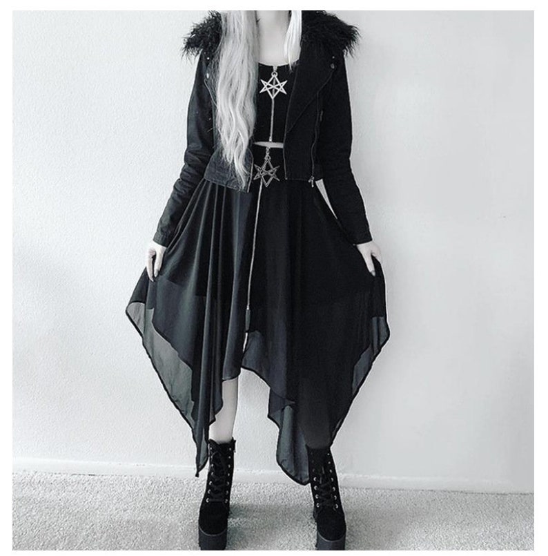 Black Skirt With Mesh Layer Pentagram Zipper Loose Goth Etsy