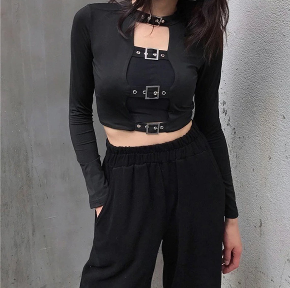 Buckle Long Sleeve Sexy Crop Top Style: Goth E-girl Emo | Etsy