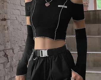 Black Crop Top Open Shoulder take off Sleeves Style: Goth - Etsy