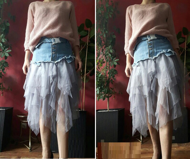 UNIQUE Tulle & Denim Skirt in Light Colors Mid Length High - Etsy