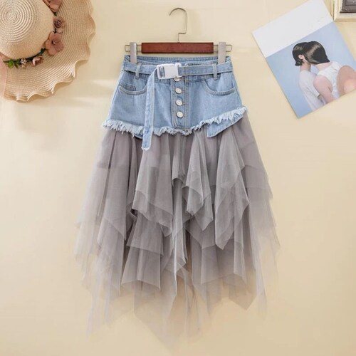 UNIQUE Tulle & Denim Skirt in Black Mid Length High Rise - Etsy