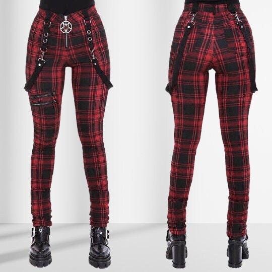 Gothic Bondage Red Plaid Men Pant Alternative Punk Rebel Rock Emo Trouser  Pant