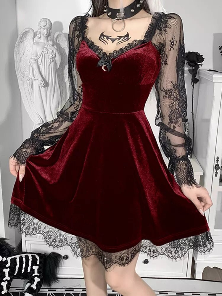 Velvet Lace Mini Dress Red Goth Dress Style: Vintage - Etsy Denmark