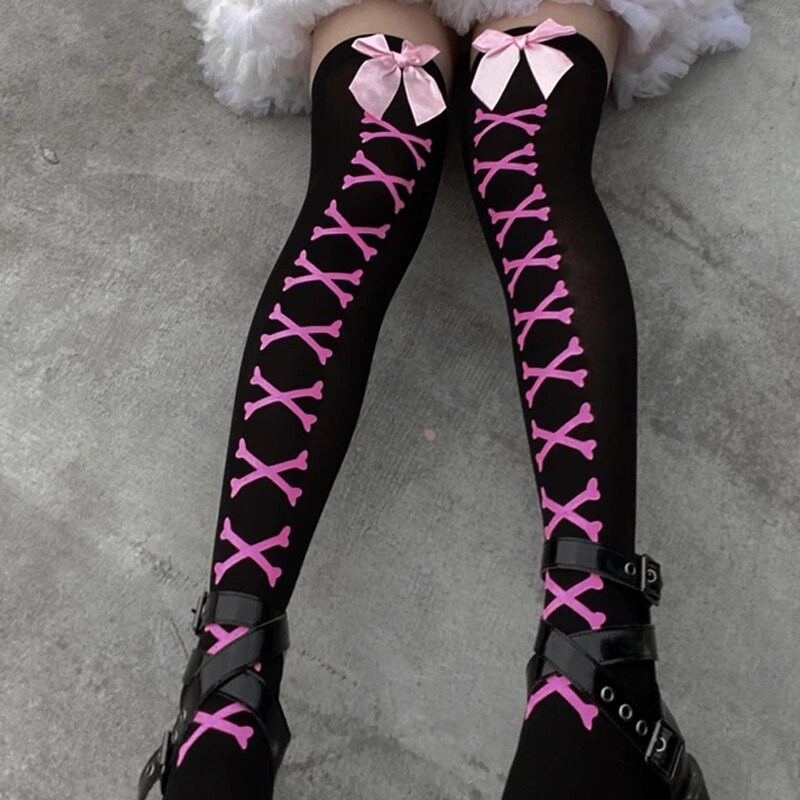 Knee High Socks Pink Bows Pastel Goth Socks Lolita Socks Etsy