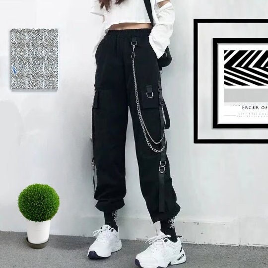 Women's Chains Rhinestones Punk Emo Pants Straps Baggy Pants