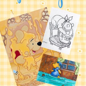 May include: A January 2026 calendar page featuring a yellow chequered background with small envelope icons. It displays three illustrations of a bear: one covered in honey, a black and white sketch of a bear with a honey pot, and a bear in rain.
