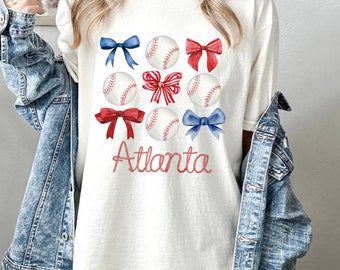 Atlanta baseball red white and blue coquette bows graphic tee unisex crewneck Brave cute trendy ball team grand millennial gift for her