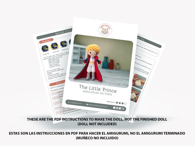 May include: PDF instructions for crocheting a The Little Prince amigurumi doll. The pattern includes a red and blue outfit with a yellow crown and a cape. The doll is shown in the image.