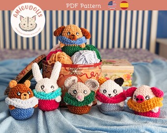 Animal amigurumi pattern PDF, little amigurumis bunny, pig, dog, cat, bear and mouse crochet pattern, small animals amigurumi pattern