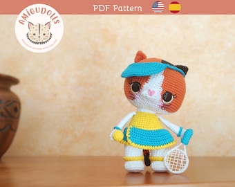 Cat amigurumi pattern, tennis player amigurumi pattern, sporting cat amigurumi pattern, sporting cat crochet pattern, gatina navratilova