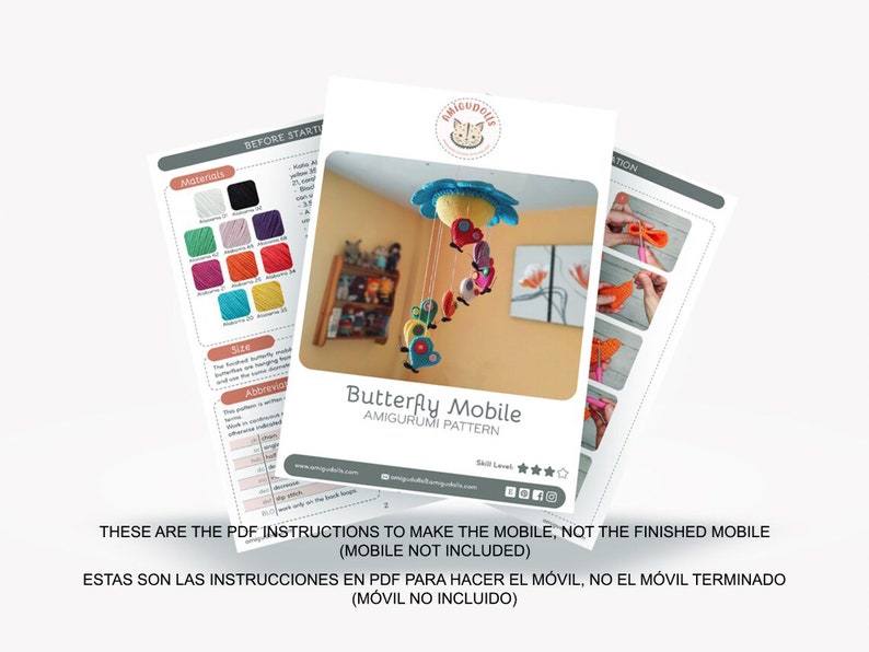 May include: PDF instructions for crocheting a butterfly mobile. The mobile features a blue cloud with a flower, butterflies, and a red heart. The instructions include a materials list, size guide, and abbreviations.