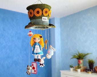 Alice in Wonderland Crochet Mobile PDF Pattern: Amigurumi Wall Hanging