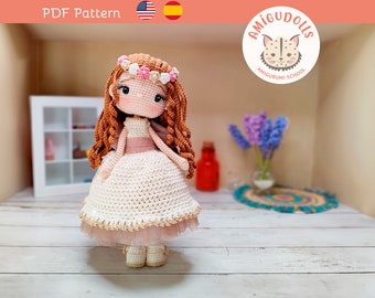 Patrón ganchillo muñeca primera comunión Lara PDF, patrón crochet quinceañera, amigurumi cumpleaños, regalo para niña, regalo comunión