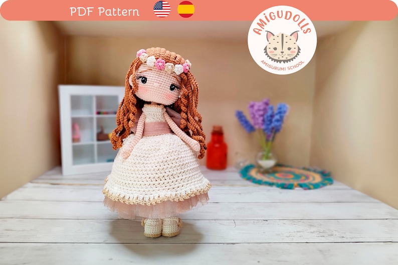 Patrón ganchillo muñeca primera comunión Lara PDF, patrón crochet quinceañera, amigurumi cumpleaños, regalo para niña, regalo comunión imagen 1