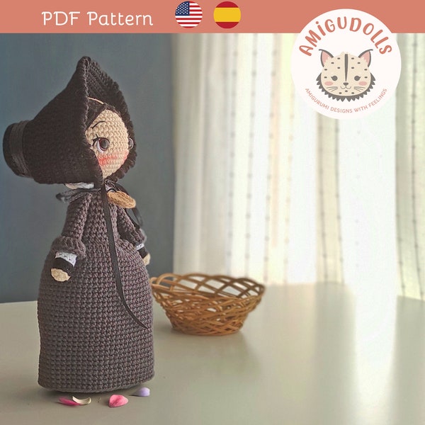 Patrón de muñeca con traje de época para tejer amigurumi a ganchillo o crochet, tutorial en PDF paso a paso, Ada McGrath