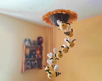 Bee Mobile Crochet Pattern PDF: Sunflower Amigurumi Nursery Decoration (Digital Download)