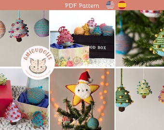 Amigurumi pattern PDF pack to make crochet christmas ornamets: star, balls and trees