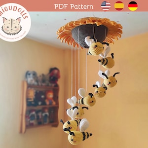 Bee Mobile amigurumi pattern, decoration child's room pattern, tapestry bees, crochet pattern newborn mobile, baby shower, sunflower pattern