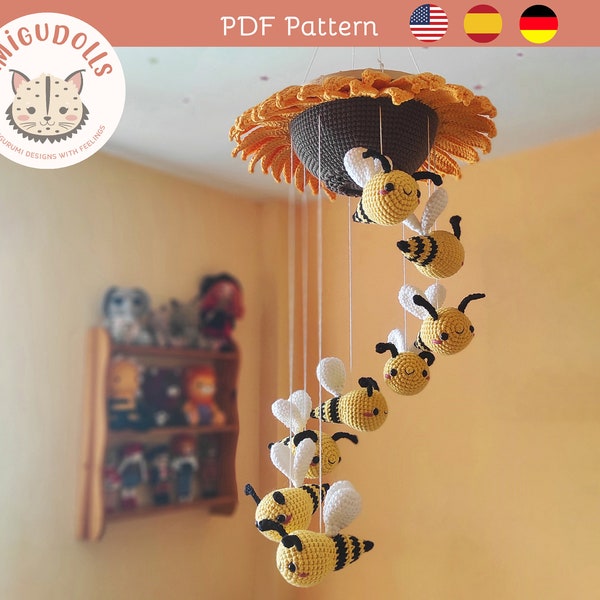 Bienen Mobile Häkelanleitung Amigurumi Muster, Deko Kinderzimmer Muster, Gobelin Bienen, Häkelanleitung Neugeborenen Mobile, Baby Shower, Sonnenblumen Muster