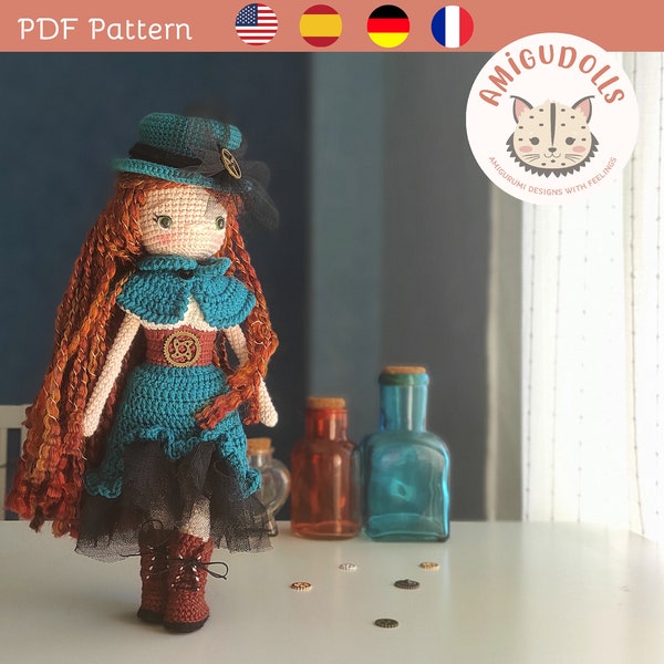 Steampunk crochet amigurumi doll PDF pattern, crochet doll tutorial, crochet amigurumi pattern steam punk with articulated anatomical body