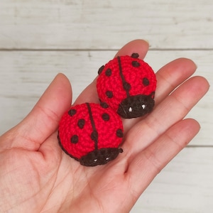 Puede incluir: Dos mariquitas de crochet, una roja con puntos negros y otra roja con puntos negros, se sostienen en una mano.