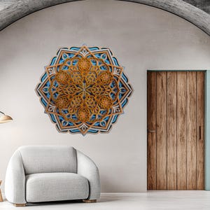 Regalo de yoga para ella, colgante para sala de yoga, arte de madera con mandalas, decoración de mandalas, pared de madera geométrica, arte de pared único, conjunto de chakras