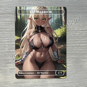 May include: A fantasy art card featuring an Elf Warrior with long blonde hair, green eyes, and dark skin. The card has the text "ELF WARRIOR" at the top and "Token Creature - Elf Warrior" at the bottom. The card is a 1/1.