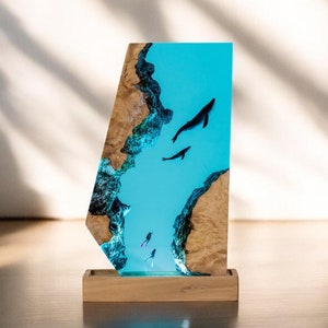 Handmade Resin Wood Lamp: Scuba Diver & Whales Ocean Night Light