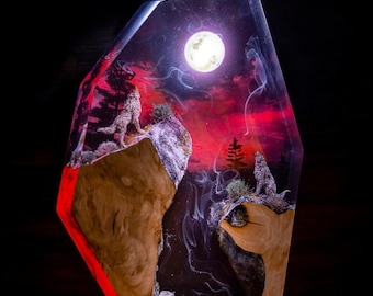 Lamp Wolf epoxy resin, custom resin epoxy lamp wood, Fox decor art lamp, christmas gift, diorama lamp, personalized gift, gift for him