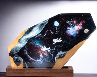 Personalized Galaxy Epoxy Resin Lamp: Wood Art Night Light