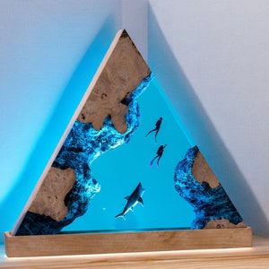 Handmade Scuba Diver Resin Lamp: Shark Art Ocean Night Light
