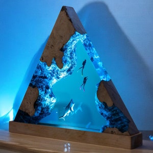 Handmade Scuba Diver Resin Lamp: Shark Art Ocean Night Light