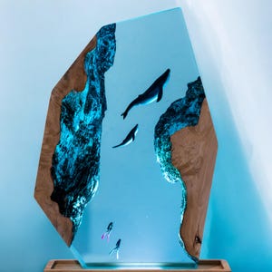 Lamp scuba diver resin, Ray lamp resin, lamp epoxy resin ocean, epoxy resin lamp wood, Blue ocean lamp, custom resin lamp