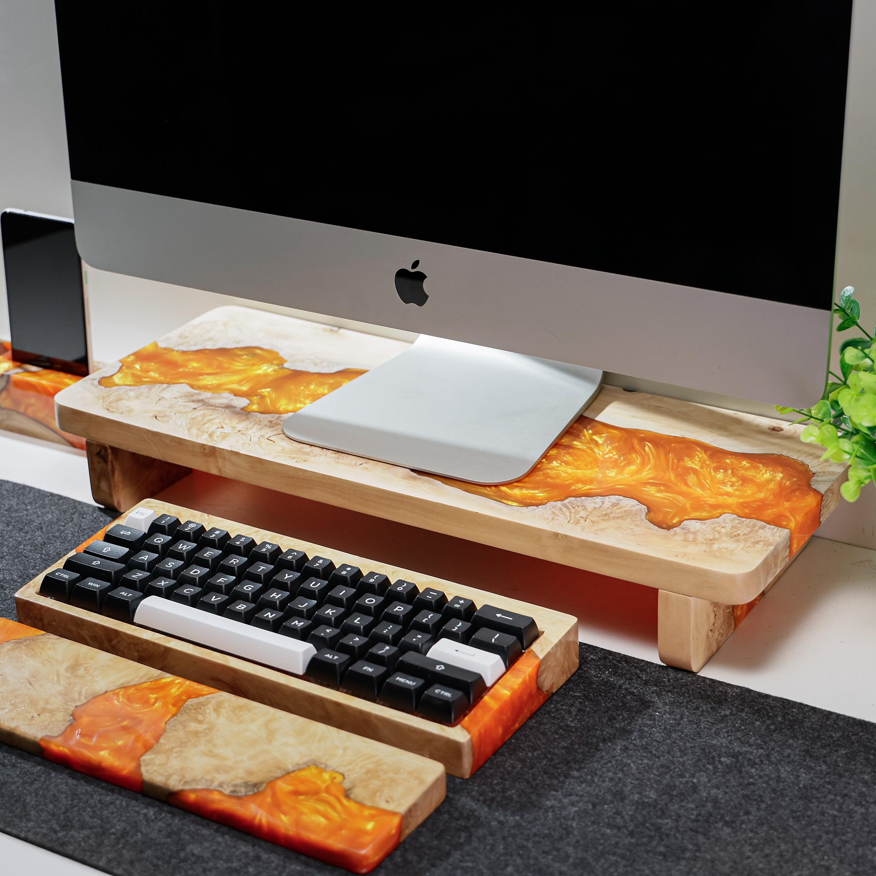 Custom Wood Monitor Stand: Walnut Desk Shelf with Resin