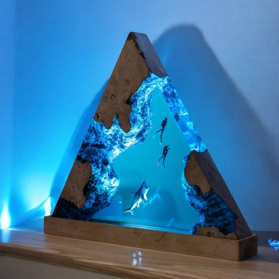 Handmade Scuba Diver Resin Lamp: Shark Art Ocean Night Light