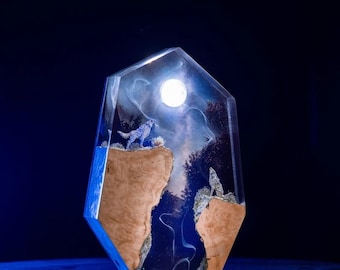 Wolf Epoxy Resin Lamp: Wood Art Night Light, Halloween Decor
