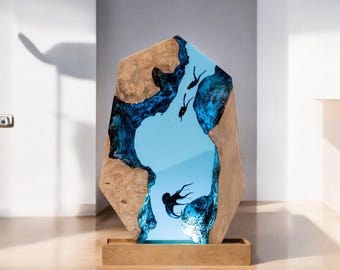 Scuba Diver Resin Lamp: Handmade Epoxy Ocean Diorama