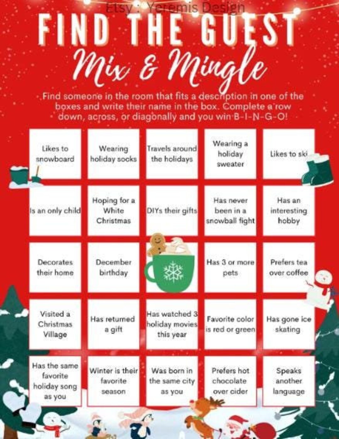 Holiday Christmas Party Mix and Mingle Bingo Scavenger Hunt Ice Breaker ...