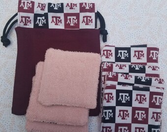 Texas A&M Set of 7 Reusable Makeup Remover Wipes with Drawstring Bag