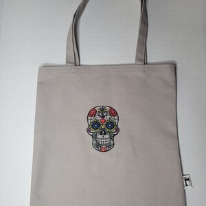 Sugar Skull Tote Bag Gray with Embroidered Skull Gery