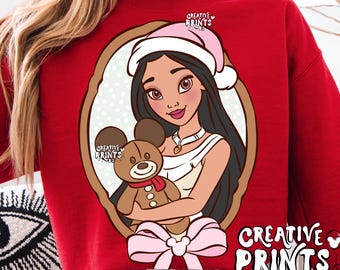 PNG de Princesa Nativa Navideña enmarcada, Sublimación de Oso de Jengibre de Cuento de Hadas, Gráfico de Camiseta Navideña con Lazo Coqueto Descarga Digital Imprimible
