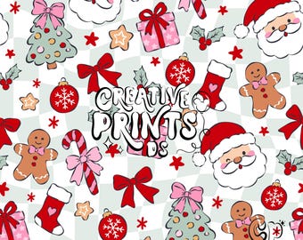 Santa Claus Gingerbread Man Christmas Seamless Pattern Png - Pink Bow Holiday Tree Candy Cane Surface Design Digital Download