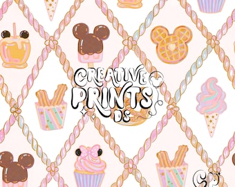 Pastel Theme Park Treats Seamless Pattern Png - Sweet Snacks Ice Cream Waffle Rope Trellis Fabric Surface Design Digital Download