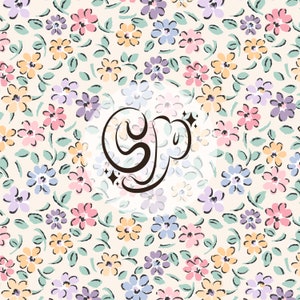 May include: A white background with a repeating pattern of small pink, yellow, blue, and purple flowers. The center of the image features a white circle with a black cursive "Sp" inside.